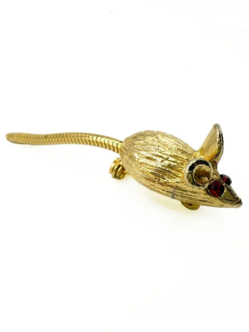 Vintage Mouse Brooch with Red Rhinestone Eyes and Articulated Tail